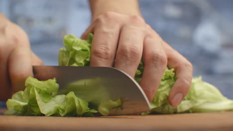 Cut-lettuce-leaves-on-a-wooden-board-closeup.-shred.